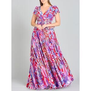 Lara 29276 Red Multi Size 12 Floral V-Neck Long Gown Cap Sleeve A-Line NWT